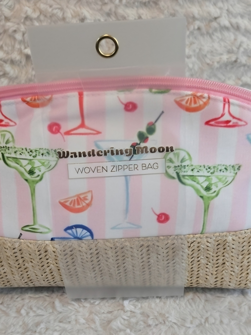 Wandering Moon NWT Pink Cocktail Print Woven Zipper Cosmetic Bag